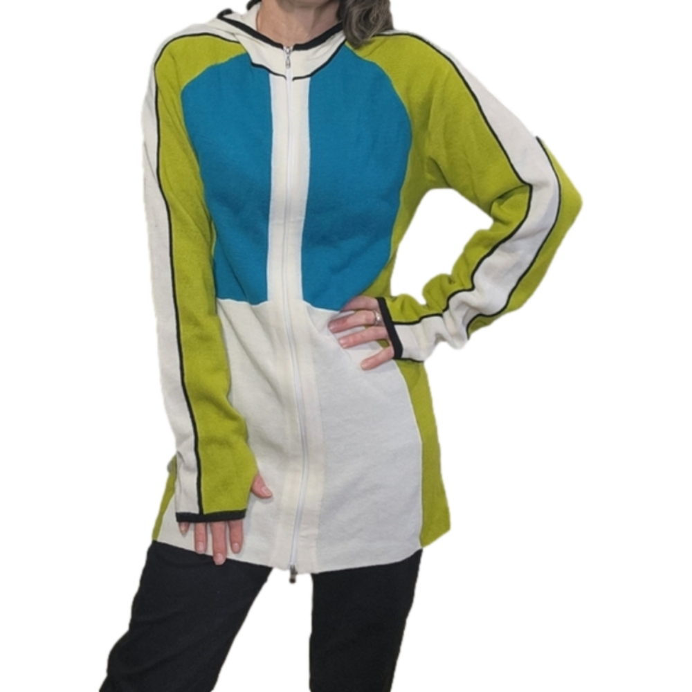 Colorblock Hooded Zip Cardigan Sweater - Blue, Lime & White